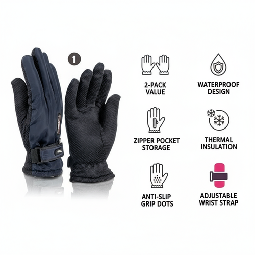 Women's Winter Ski Gloves 2-Pack - Zipper Pocket & Anti-Slip Grip
